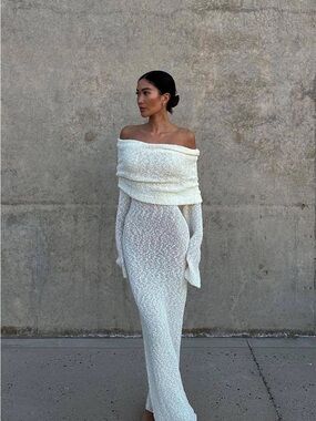 Off-Shoulder White Maxi Dress with Textured Knit